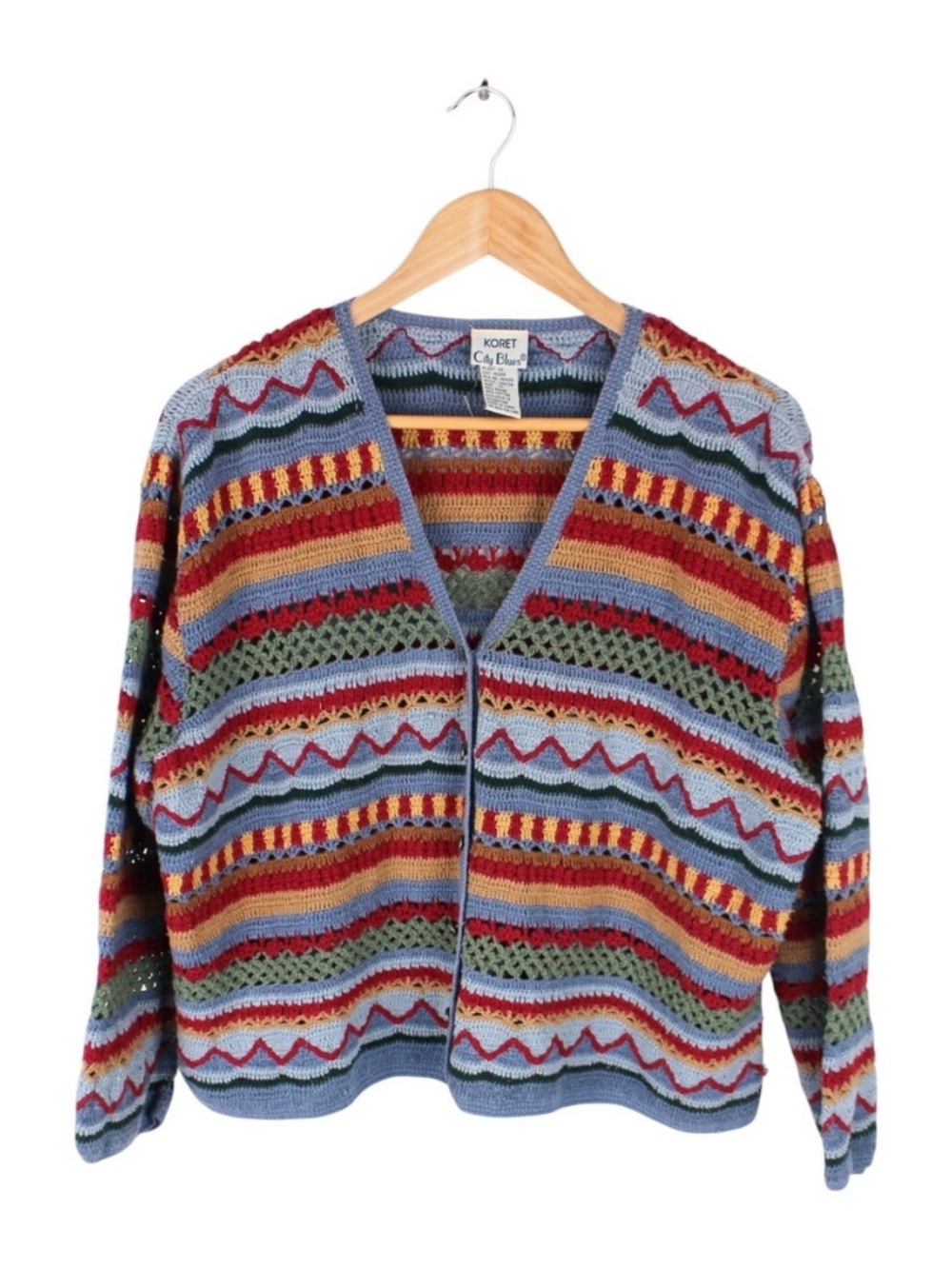 Koret City Blues Crochet Open Knit Cardigan Multicolor Boho Sweater Women's XL